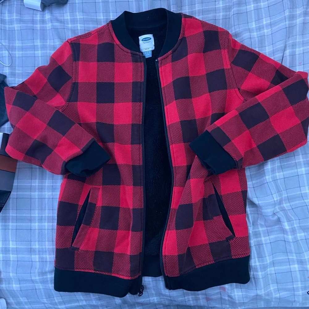 plaid red and black zip up sweater